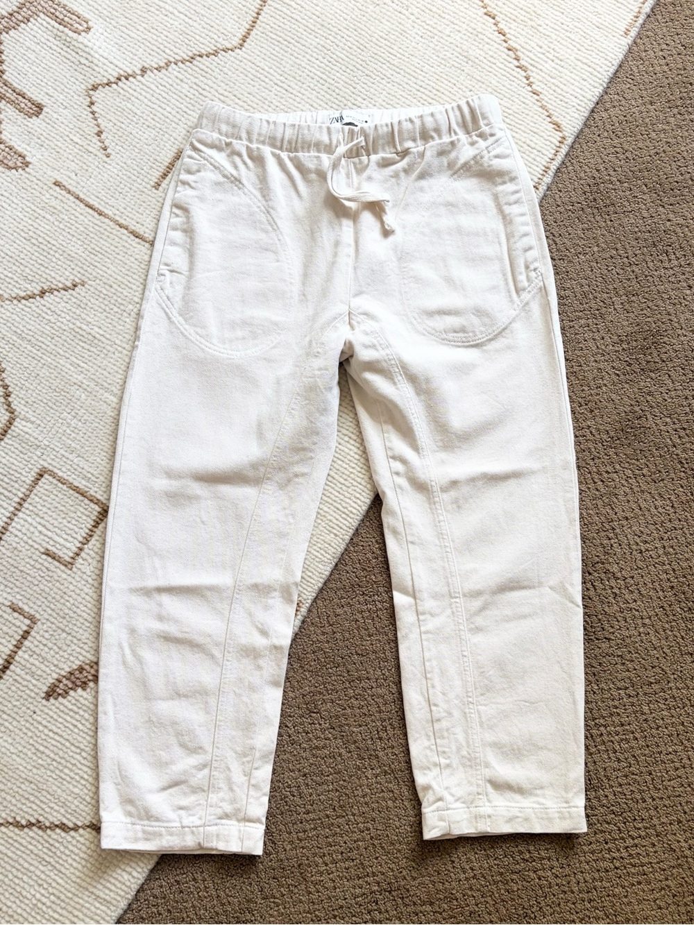 Zara Women’s Drawstring Waist Cropped Denim Pant Ecru Medium M